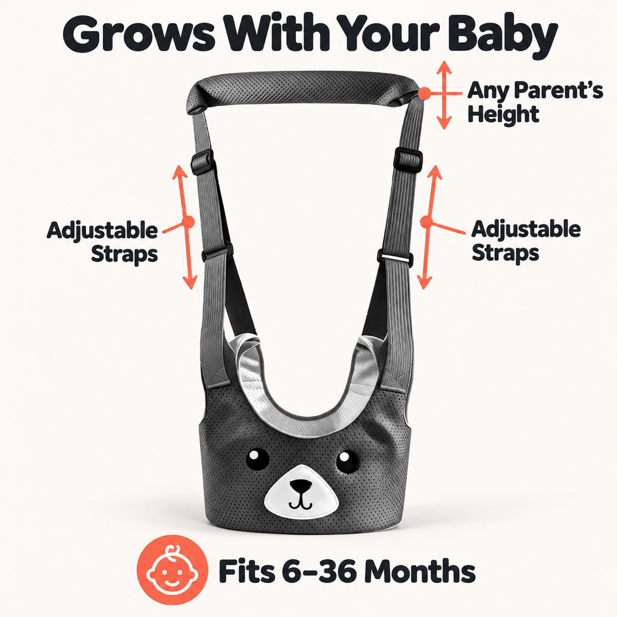 Adjustable baby walking harness straps that fit babies from 6 to 36 months and any parent's height