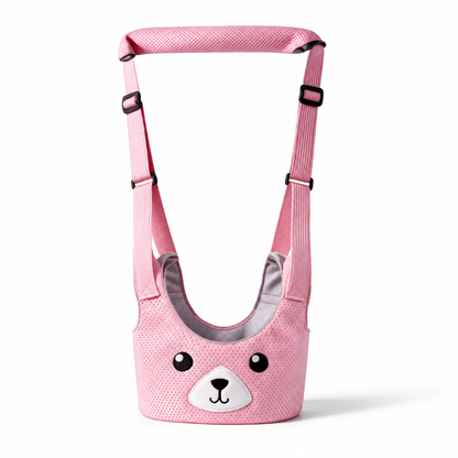 Peachy Pink baby walking harness with bear face and padded handle