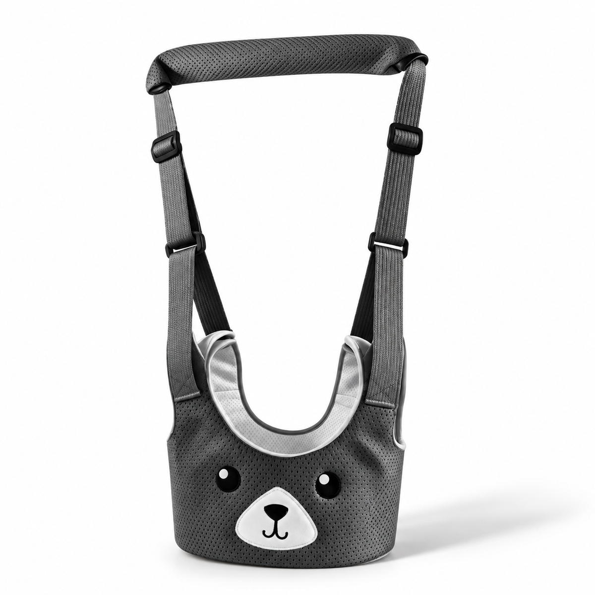 Stone Grey baby walking harness with bear face and padded handle