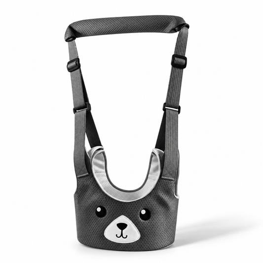 Stone Grey baby walking harness with bear face and padded handle