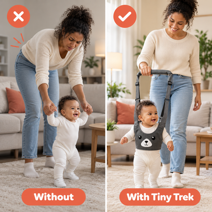 Before and after: mom bent over holding baby's hands vs. standing tall with the Tiny Trek walking harness