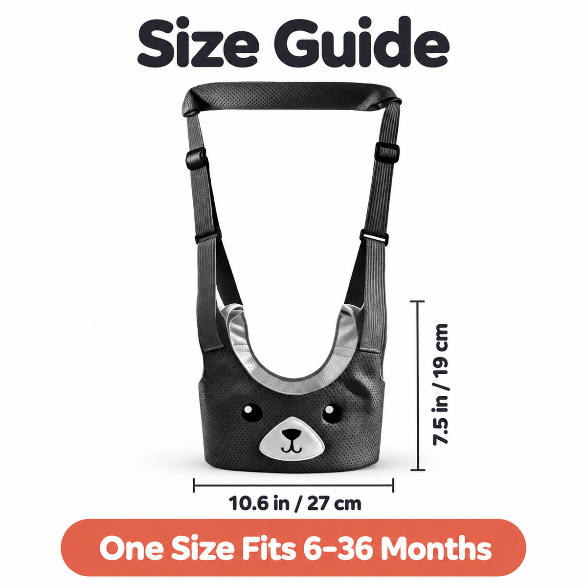 Baby walking harness size guide: vest 10.6 x 7.5 inches, fits 6 to 36 months