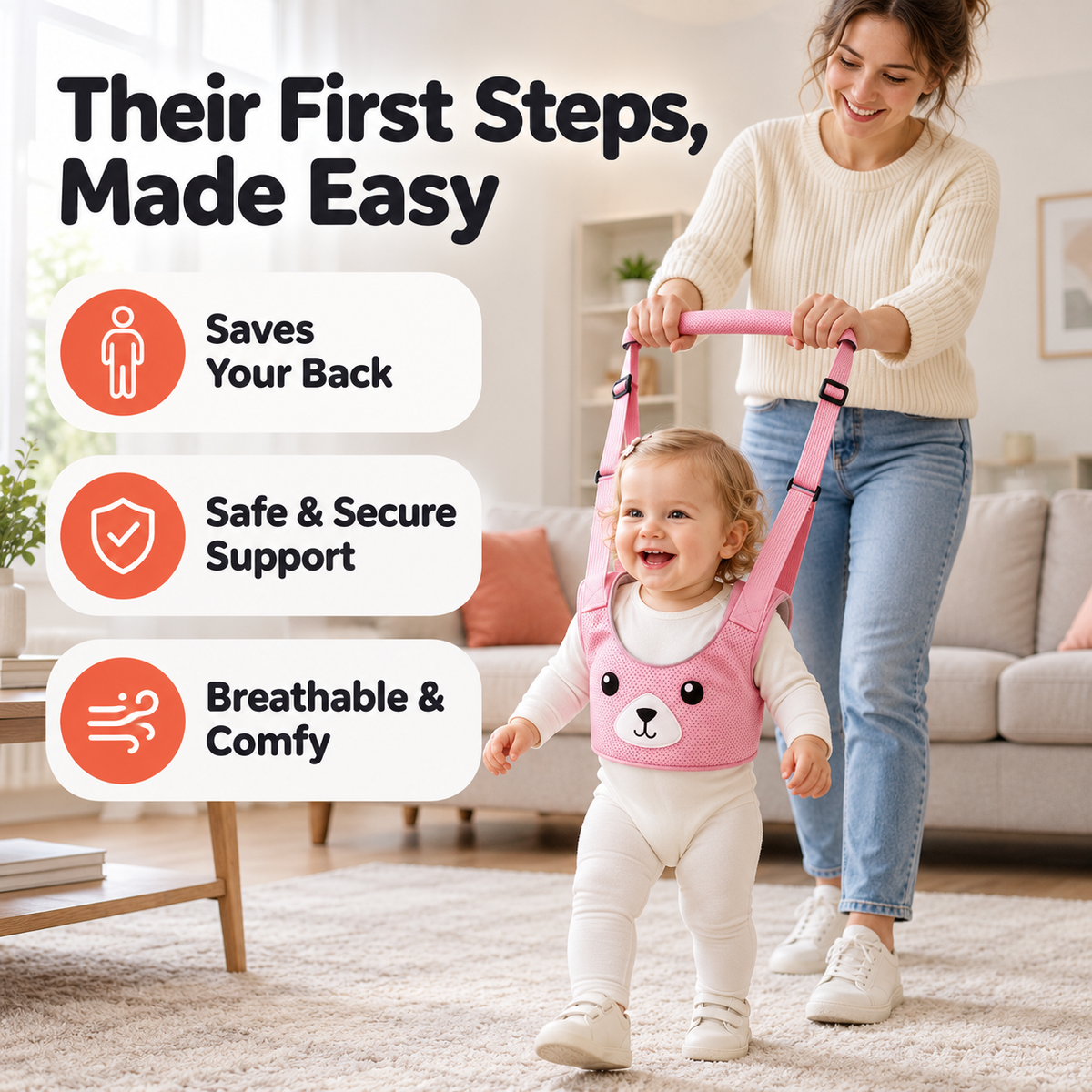 Mom standing upright while her baby girl walks in a pink walking harness at home