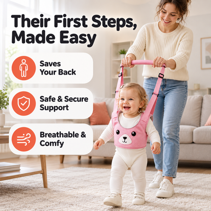 Mom standing upright while her baby girl walks in a pink walking harness at home